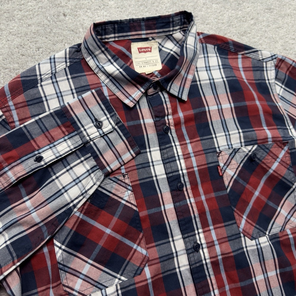 Levi's Mens Large Plaid Button Up Shirt Red Navy White Long Sleeve Red Tab
